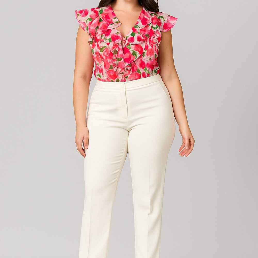 Jones New York Signature Petite Pink Floral Sheer Blouse PL Ruffle Spring Career